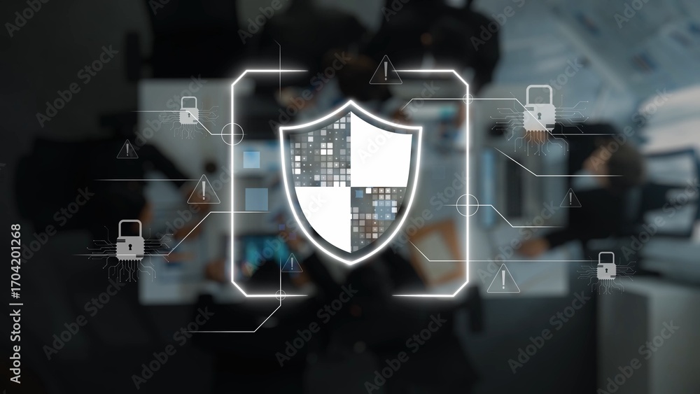 Poster digital cybersecurity concept with shield and data protection icons in modern office environment rep