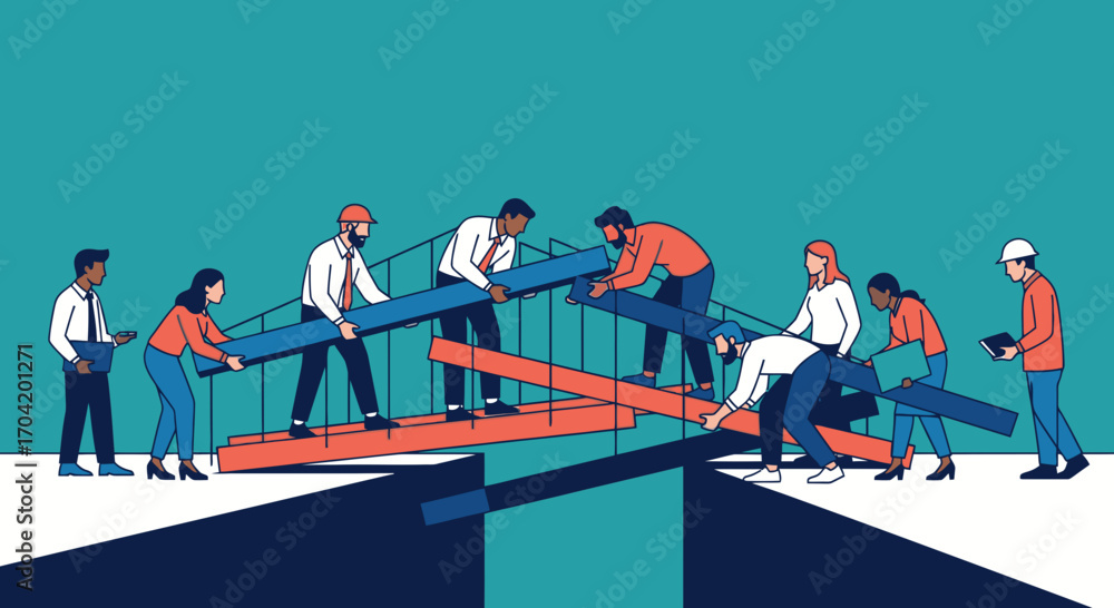 Poster a diverse team of professionals collaborates to build a bridge over a gap, symbolizing teamwork, con