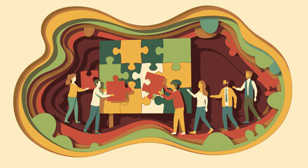 Obraz premium Paper-cut style illustration of a diverse team of colleagues working together to assemble a large, colorful jigsaw puzzle, symbolizing collaboration and problem-solving.