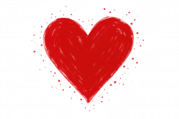 Valentine heart created with vibrant red paintbrush strokes, splattering artistic paint droplets against transparent backdrop