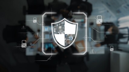 Digital Cybersecurity Concept with Shield and Data Protection Icons in Modern Office Environment...