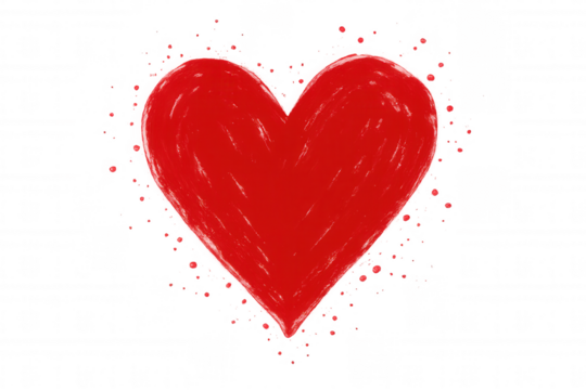 Valentine heart created with vibrant red paintbrush strokes, splattering artistic paint droplets against transparent backdrop