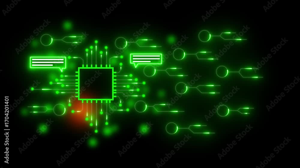 Poster futuristic circuit board with glowing green lines and data transfer icons technology. futuristic tec