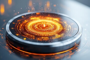 A futuristic circular interface with glowing orange patterns and particles, suggesting advanced technology and digital interaction.