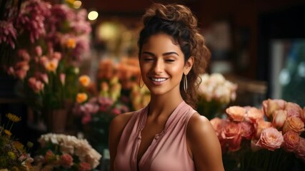 Smiling florist showcases beautiful blooms in charming flower shop