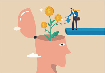 Financial mindset for investor to growing profit, rich mindset or knowledge to grow business, psychology or knowledge for investment concept, businessman watering plant with money from human head.