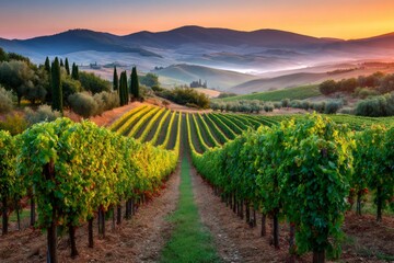 Fototapeta premium Vineyards covering rolling hills in tuscany at sunrise, creating an idyllic italian landscape