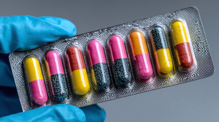 blue gloved hand holding blister pack of capsules concept of medical healthcare pharmacy pharmaceutical treatment drug safety wellness supplements and modern clinical care