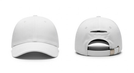 Clean crisp white baseball cap front and back views for design customization and branding projects