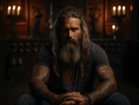 Intense moment in a dimly lit room featuring a man with long hair and tattoos