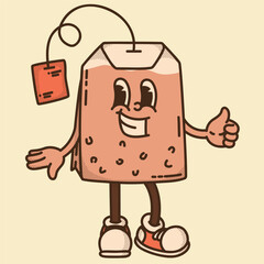 Cheerful rectangular black tea bag mascot giving thumbs up. Retro Earl Grey and English Breakfast character design