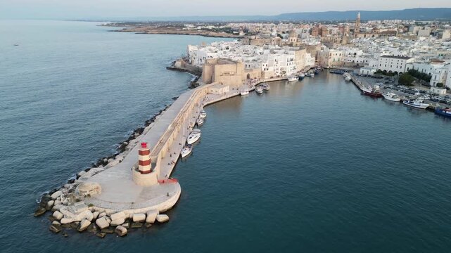 Aerial drone flight above Monopoli harbour, fortress and old city. Footage taken on June 22, 2025, in Monopoli, Apulia, Italy.