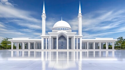 White mosque with minarets and tiled courtyard