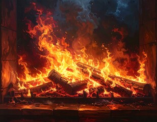 Obraz premium Fiery logs in a stone fireplace