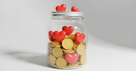 3d jar full of gold coins money and red heart symbol, a charity donation community care