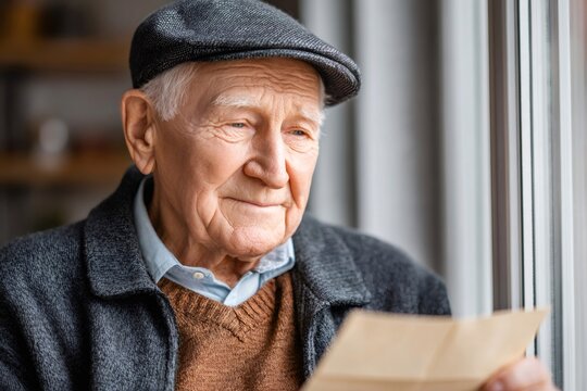 Elderly man reading a letter by the window