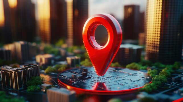 3 d location pin on circuit board cityscape - Powered by Adobe