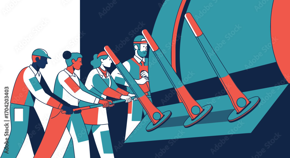Poster a diverse team of workers in hard hats collaboratively push back a large dark wall using traffic con