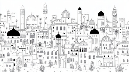 Obraz premium Detailed black and white illustration of cityscape featuring various architectural styles, domes, and towers, surrounded by trees and plants