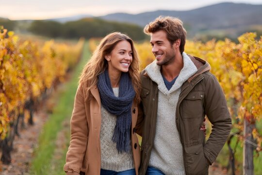 Happy couple walking and smiling in beautiful autumn vineyard - Powered by Adobe