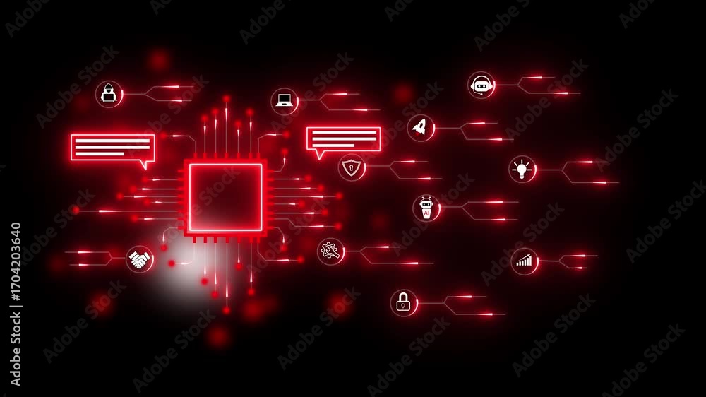 Poster neon circuit board with data streams and chat bubbles technology computer. futuristic circuit board 