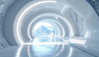Obraz premium Futuristic white tunnel with mountain view