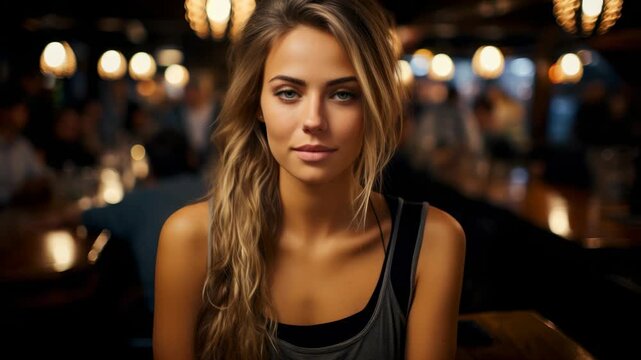Young woman smiles warmly in a cozy nightlife setting with dim lights and an inviting atmosphere