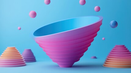 A vibrant, abstract composition featuring colorful, concentric shapes and floating spheres against a blue background, creating a dynamic visual effect.