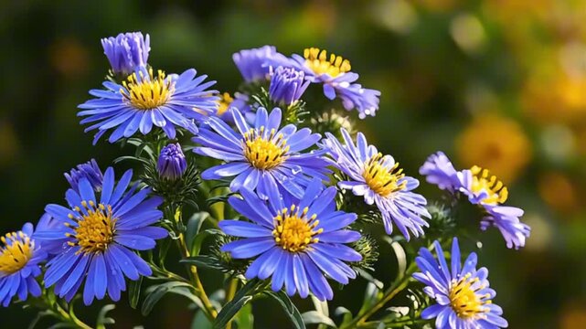 Bright close up of purple asters swaying gently in the breeze on a sunny day