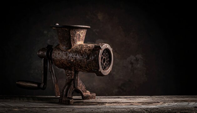 Rusted meat grinder on a wooden table