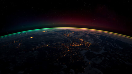 Fototapeta premium The image captures a high-altitude orbital view of Earth's curved horizon at twilight, highlighting the color gradient and horizon curvature without any spacecraft or clouds.
