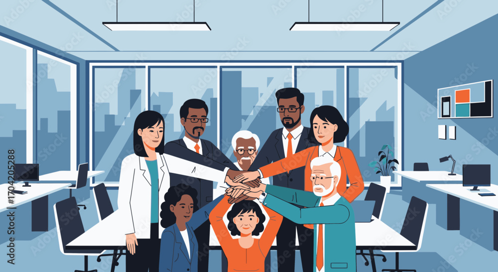 Aufkleber a diverse group of business professionals showing unity and teamwork with a hands-in huddle in a mod