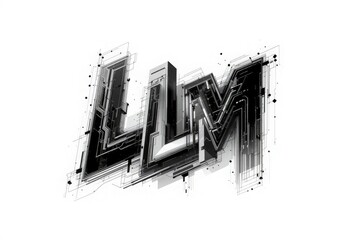 Abstract black and white typographic design featuring a futuristic, glitchy, and geometric aesthetic on an isolated white background