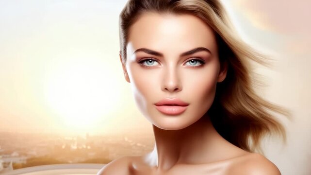 Beauty routine featuring skincare tips during golden hour in an urban setting with a stunning model