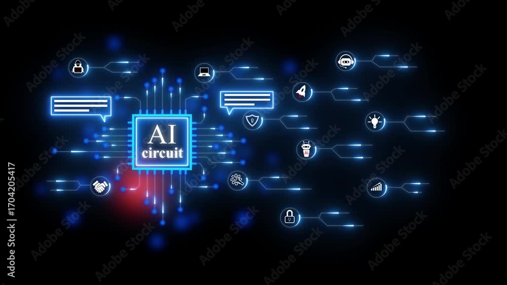 Poster ai circuit glowing neon lines connecting nodes on black background artificial intelligence. artifici