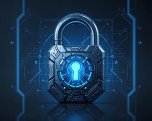 High-tech digital padlock glowing with blue light, symbolizing advanced cybersecurity and data protection on a circuit background