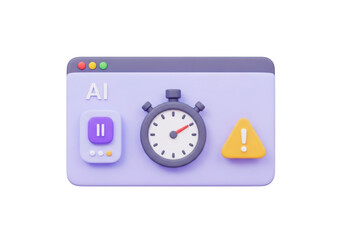 3d illustration of a stopwatch pause button and warning icon on a stylized window isolated on transparent background