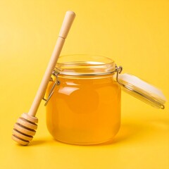 Sweet Golden Honey in Glass Jar with Wooden Dipper Isolated on Yellow Background for Natural Food Object, Organic Sweetener and Healthy Nutrition Concept