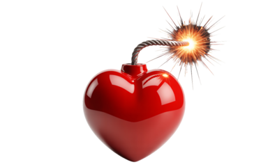 This striking conceptual image presents a glossy red heart with a lit fuse, resembling a bomb about to explode. 