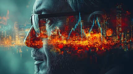 A thoughtful man s profile superimposed with a vibrant cityscape and market charts symbolizing financial analysis and urban economy