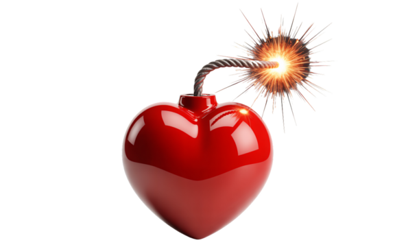 This striking conceptual image presents a glossy red heart with a lit fuse, resembling a bomb about to explode. 