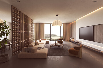 Modern cozy living room with TV and view
