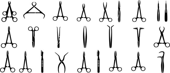 surgical instruments silhouette, Surgical forceps silhouette, Surgeon instruments silhouettes, Medical forceps silhouette set