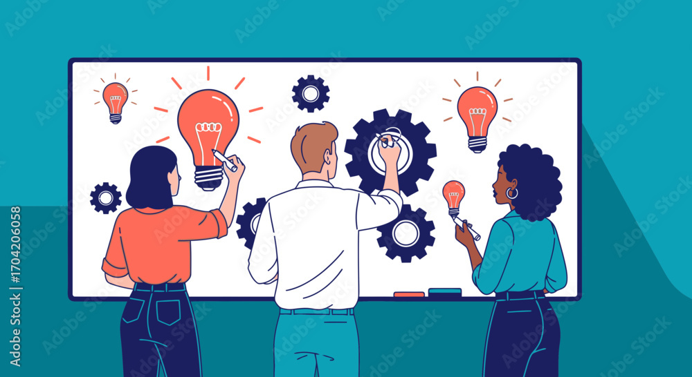 Poster diverse team collaborating on a whiteboard, brainstorming ideas with lightbulbs and gears representi