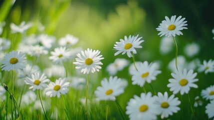 Fototapeta premium White daisy flowers in green grass field
