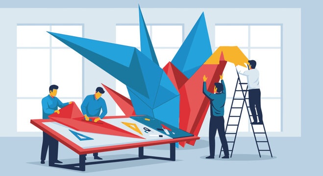 A collaborative team of people working together to construct a large, colorful, abstract origami sculpture.
