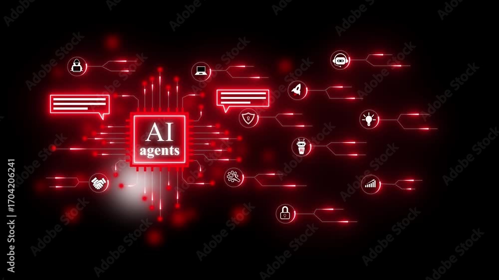 Poster artificial intelligence agents communicating through glowing circuits and chat bubbles. ai agents wi