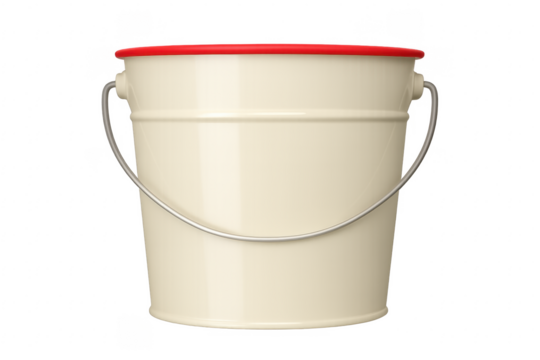 White metal bucket with red lid and metal handle on transparent background