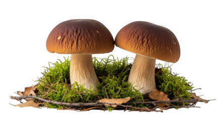 Two Porcini Mushrooms On Moss Autumn Forest