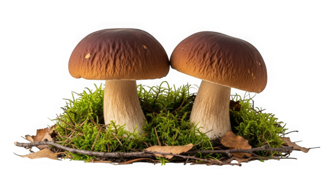 Two Porcini Mushrooms On Moss Autumn Forest